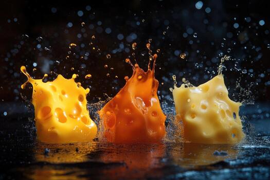 Three Pieces of Cheese Splashing into Water photo