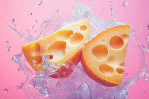 Two Slices of Swiss Cheese Falling into Pink Water photo