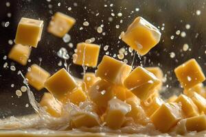 Cubes of Yellow Cheese Splashing into Milk photo