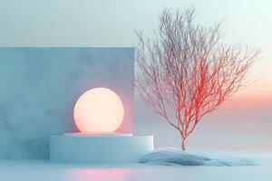 Minimalist Abstract Scene with a Circular Platform and a Bare Tree in a Snowy Landscape photo