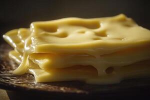 Melted Slices of Swiss Cheese on a Wooden Plate photo