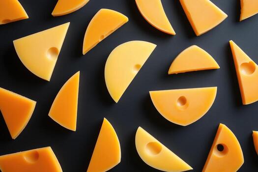 A Scattered Arrangement of Yellow Cheese Slices on Black Background photo