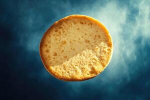 Round, golden-brown disc against a hazy blue background photo