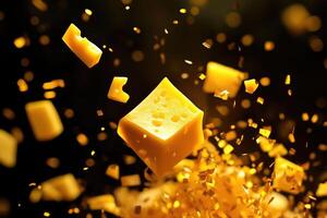 A Large Piece of Swiss Cheese With Smaller Pieces Floating Around It photo