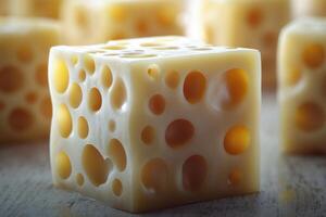 A Close-Up of a Single Cube of Swiss Cheese with Large Holes photo