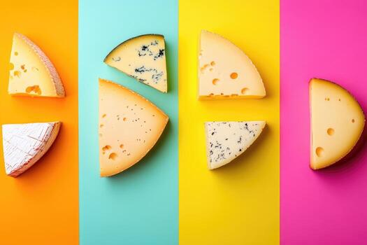 A Variety of Cheeses Arranged on a Colorful Background photo