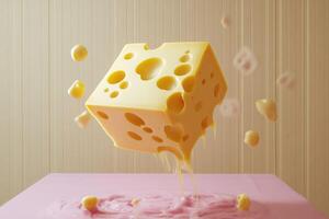 A Block of Swiss Cheese Melts into a Pool of Pink Liquid photo