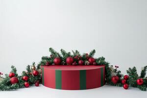 Red and Green Christmas Decor with a Round Platform photo