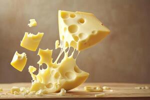 A wedge of Swiss cheese breaking apart on a wooden surface photo