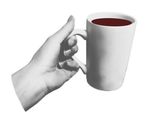 Trendy halftone collage element. Grunge punk cut out sticker of female hand holding coffee mug or cup of black tea. Modern retro illustration isolated on transparent background
