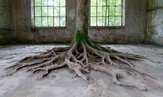 Abandoned building with large tree roots growing inside photo