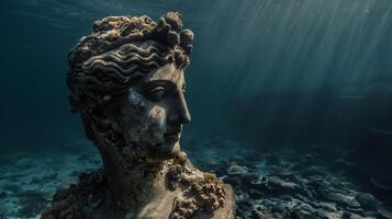 Ancient statue submerged in ocean with rays of light photo
