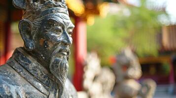Ancient warrior statue in a serene temple setting photo