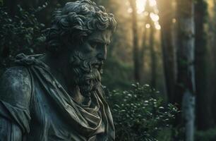 Ancient statue in a mystical forest setting photo