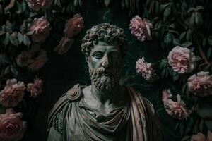 Ancient statue surrounded by lush roses in a moody setting photo