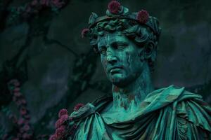 Ancient statue adorned with flowers in a mystical setting photo