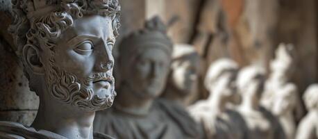 Ancient Sculptures in a Row Depicting Historical Figures photo