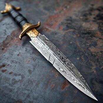 Antique dagger with intricate patterns on rusty background photo