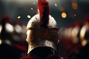 Ancient warrior helmet with a red plume against a dramatic backdrop photo