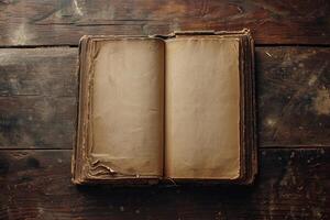 Antique open book on a wooden table photo