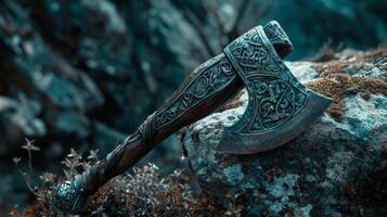 Ancient Viking Axe Resting on a Mossy Stone photo