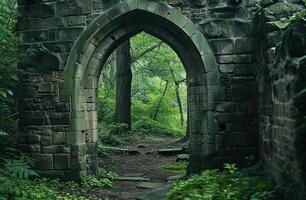 Ancient stone archway leading into a lush forest photo