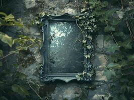 Antique mirror overgrown with ivy on a stone wall photo