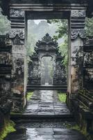Ancient temple gateway shrouded in mist photo