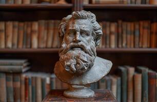 Ancient philosophers bust in front of a bookshelf photo
