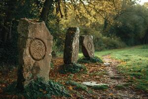 Ancient stone markers on a forest path in autumn photo
