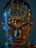 Futuristic Portrait of a Man with Illuminated Circuit Patterns on Face photo