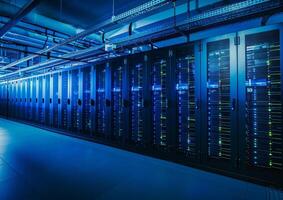 Futuristic Data Center with Rows of Modern Network Servers photo
