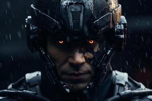 Futuristic Soldier in Combat Gear During Rain photo