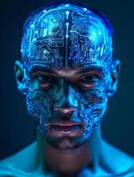 Futuristic Man with Glowing Circuit Board Face Paint in Dark Setting photo