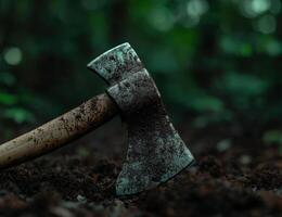 Rusted axe embedded in forest floor photo