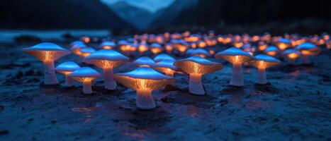 Glowing mushrooms in a mystical forest at night photo