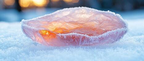 Frozen lake surface with glowing orange crystal photo