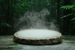 Misty forest scene with glowing platform photo