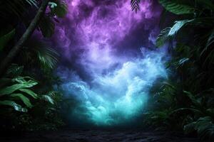 Mystical tropical jungle landscape with purple and blue clouds photo