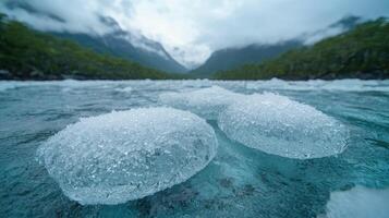 Icy chunks floating on a serene mountain lake photo