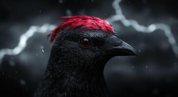 Dramatic close up of a black bird with red crest photo
