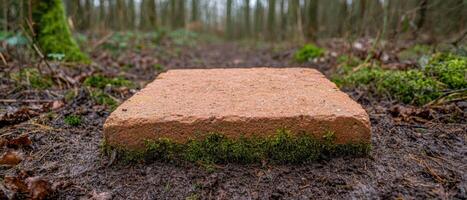 Moss covered stone in forest path photo