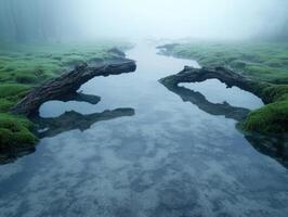 Misty forest stream with mossy rocks photo