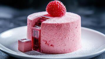Delicious raspberry mousse cake with fresh raspberry on top photo