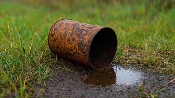 Rusty metal pipe in grass field photo