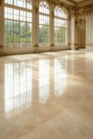 Elegant interior with ornate windows and reflective marble floor photo