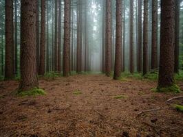 Mysterious forest path through tall trees photo