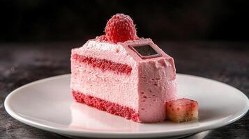 Delicious raspberry mousse cake with fresh raspberry on top photo