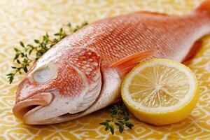 fresh red snapper fish with lemon and herbs photo