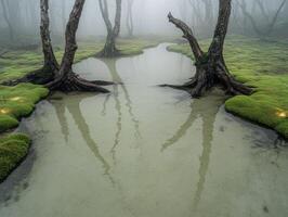 Enchanting forest stream with moss covered trees photo